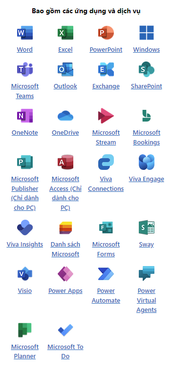 Microsoft 365 e3 ứng dụng