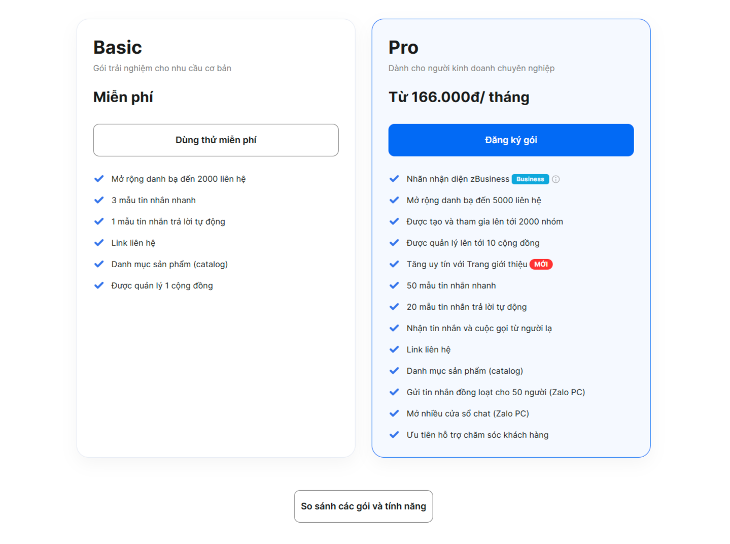 ZALO BUSINESS PRO COMPARE