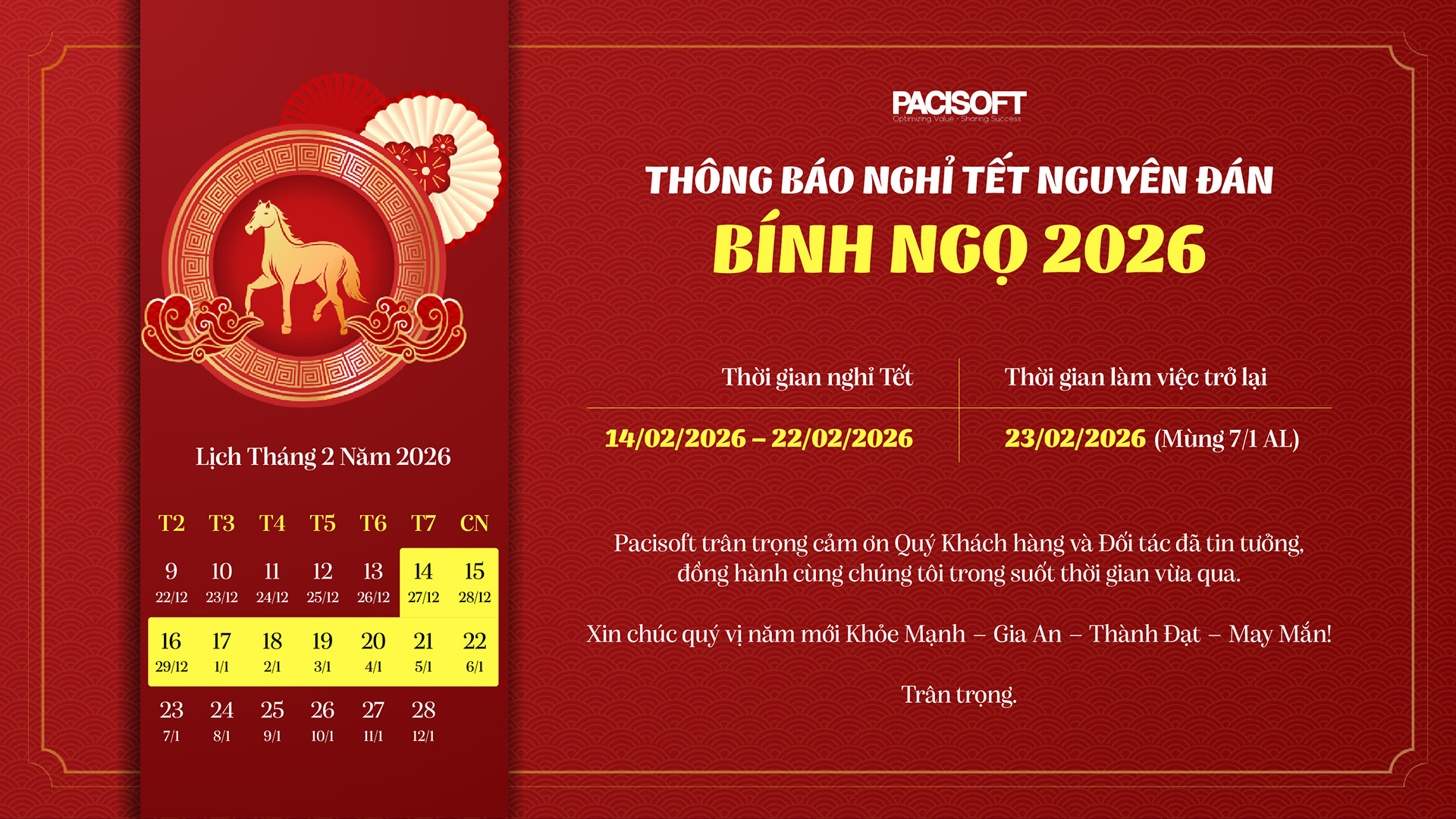 THÔNG BÁO LỊCH NGHỈ TẾT BÍNH NGỌ 2026
